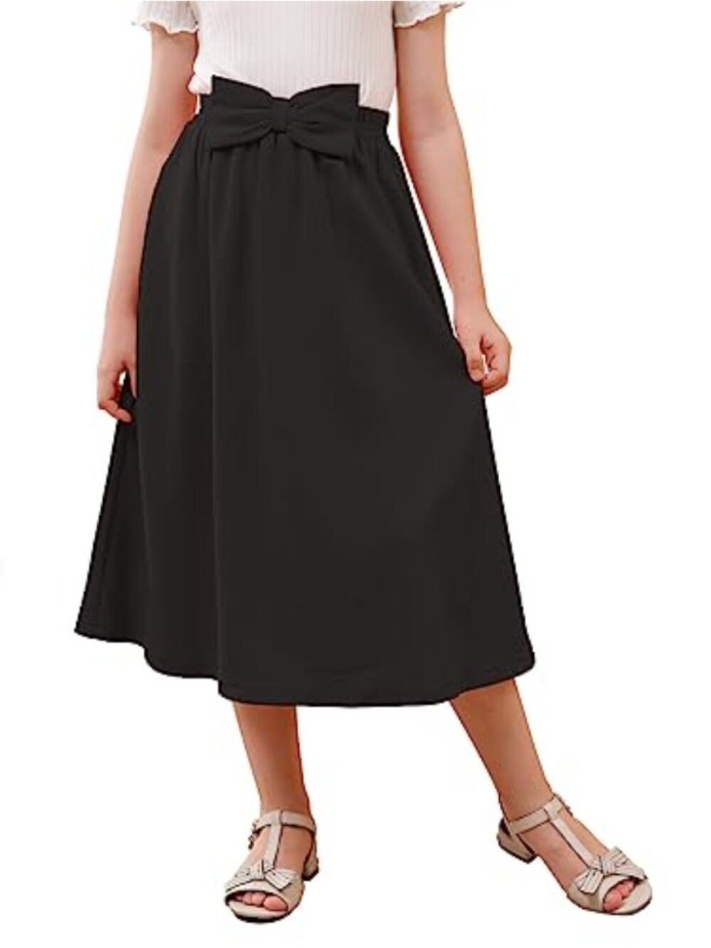 Girls A-Line Elastic High Waist Bow Knot Swing Maxi Skirt with Pockets